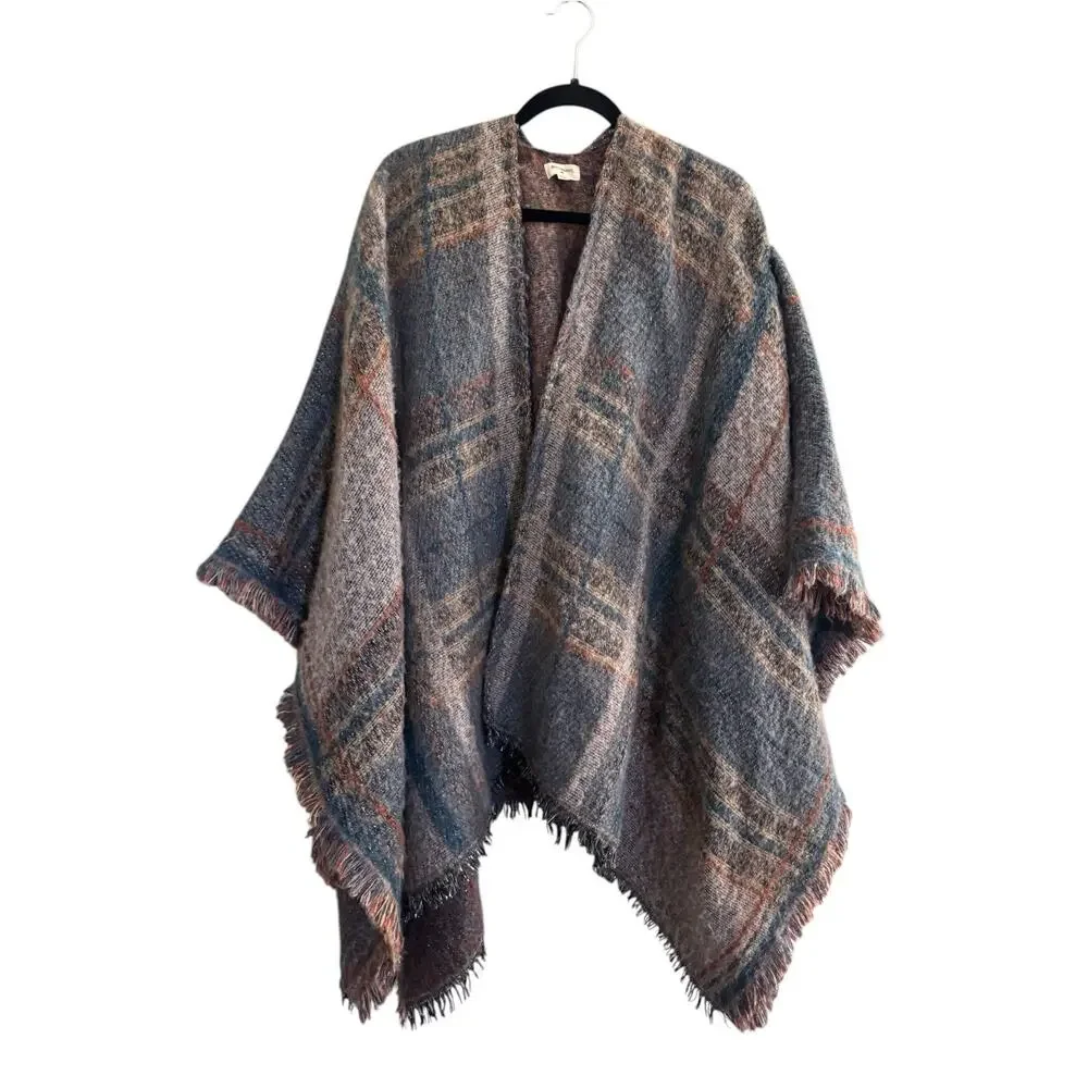 World Market Womens Open Poncho Sweater One Size Plaid Blue Silver #7398